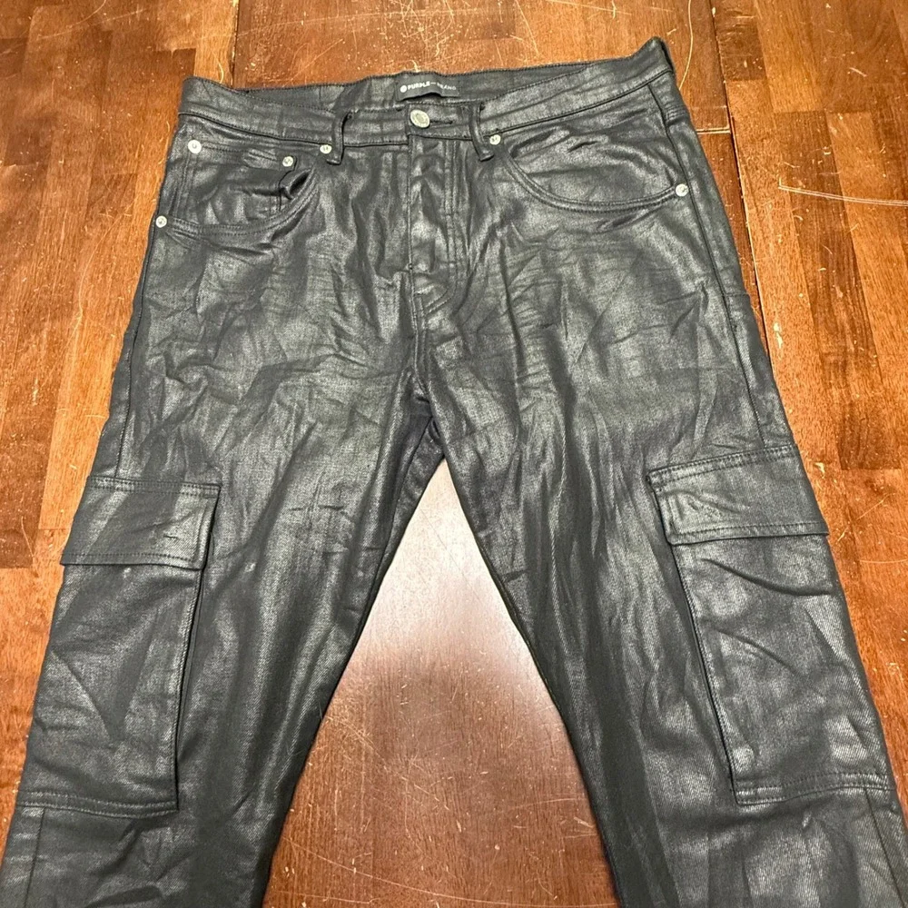 Purple Brand Cargo Pants Mens 34 Black Coated Waxed Slim Fit P002 SS2103JNS